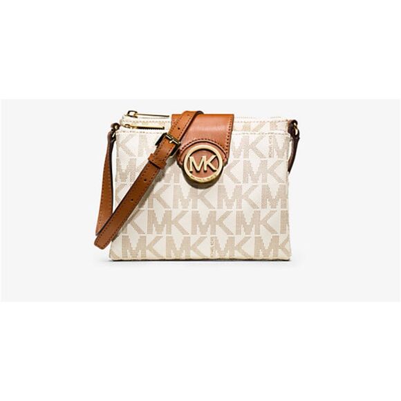 Michael Kors mk tan/white Fulton pebble leather crossbody bag/purse/pocketbook - Picture 3 of 10